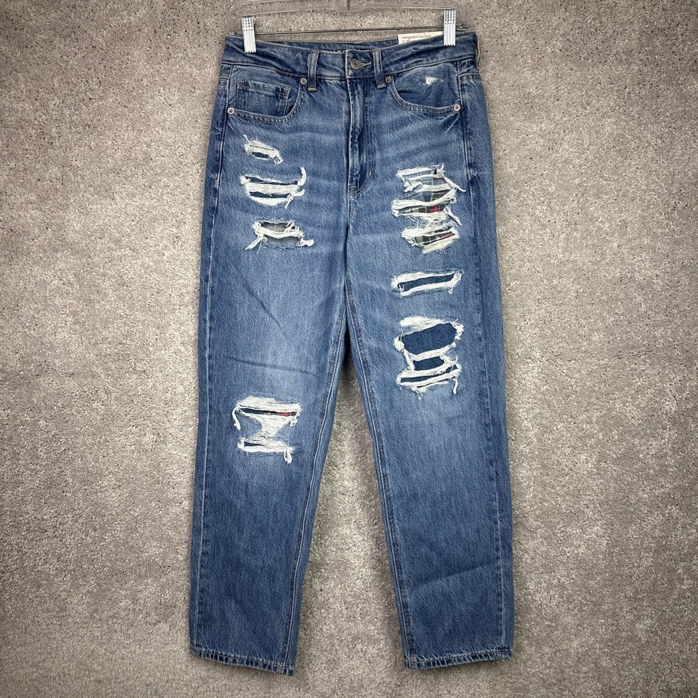 NWT American Eagle AE Mom Straight Distressed Plaid Patches Jeans Size 6